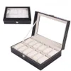 12 rutnät Fashion Watch Storage Box Pu Leather Black Watch Case Organizer Box Holder For Jewelry Display Collection257D