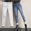 Kvinnors jeans koreanska höstvinter denim byxor varm tjock hög midja jeansy mager fasta kvinnor pantaloner plysch fodrad penna grundläggande dagligen