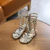 Pretty Children Girls Sandal Glitter Star Summer Beach Shoes Knee High Top Gladitor Sandals Girls Beautiful Roman Boots H01044 240326