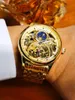 Polshorloges gouden vintage maanfase automatisch horloge voor mannen tourbillon skelet lichte handen mechanische horloges stalen band