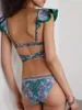 Swimwwear Green Fashion Vintage Imprimé Split Bikini Low Taies Basse Basse Lace Pliez le ruban plissé Sense Sense Sentillement