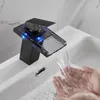 Ruculo in vetro a LED del lavandino da bagno rovato, RBG 3 colori a cascata leggera Miscelatore a foro singolo Tap/rubinetto (nero opaco))