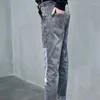 レディースジーンズレディーススキニースリムフィットポケット付きズボン灰色のスプライシングパンツ女性用ミディアムウエストフィットシャイニーエモウォッシュルーズフィット