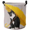 Yellow Umbrella Cat Dirty Laundry Basket Foldable Round Waterproof Home Organizer Basket Clothing Children Toy Storage Basket