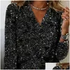 Chemises pour femmes Chemises élégantes TE-shirt Top Top Shiny Sequin Long Sleeve Femme Blouse lâche Club Brepwant Party Dame Drop Livil