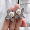 Stud Flower Pearl Diamond Earring 100% Real Sterling Sier Promise Earrings for Women Bridal Party Jewelry Gift Drop Delivery DHP43