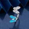 High -end Vancefe Brand Designer Rings For Women V Gold Butterfly Turquoise Blue Double Butterfly Series Volledige diamant Low Senior Brand Logo Designer Sieraden