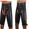 S-2XL New Buckle Hot Black Mens PVC 붕대 오픈 코르치 반바지 고딕 페티쉬 게이 남성 모행 가죽 호스트랩 음경 포켓 바지