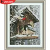 Huacan Cross Stitch Vogel Tiernadel -Sets für vollständige Stickereien Winterlandschafts -Kits Weiße Leinwand 14ct DIY Home Decor 40x50 cm