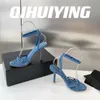 Sandalias 2024 Qihuiying Demin Demin Demin Tobillo de tobillo Abierto Tacón delgado Mujer Stiletto Damas Club de boda Night Club Zapatos de Mujer