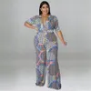 WMStar plus size feminino macacão roupas de verão impressas v pesco