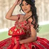 Rouge de l'épaule quinceanera robe en dentelle dorée paillettes appliques perles mexicain sweet 16 vestidos de xv 15 anos anniversaire