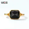 Cluster Rings Wes Gold Plating Natural Stone 8 7mm Black Agate Ring S925 Silver for Women Party Anniversary Gift Fine Jewelry Trendy