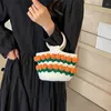 Totes Vintage Knitted Flower Bucket Bag With Top Handle Women Elegant Crochet Woven Basket Small Handbag Purse