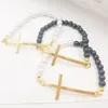 Strand Fashion Simulated Pearls Charm Bracelet For Women Splicing Black Beads Pearl Female Gold Color Cross Jewelry Gift