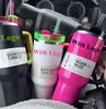 US Stock Neon Neon Color Pink Parade مع 1: 1 Logo H2.0 40oz من الكؤوس Tumblers من الفولاذ المقاوم للصدأ مع غطاء مقبض السيليكون وأكواب سيارة سفر جاهزة للشحن