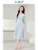 Casual Dresses Vimly Light Blue V-neck Elegant Three Quarter Sleeve Chiffon Dress Women 2024 Spring A-line Umbrella Lace-up Midi M5982