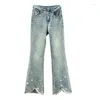 Women's Jeans Rhinestone Denim Bootcut Trousers Thin 2024 Spring Summer Elastic High Waist Slim Frayed