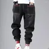 Jeans masculin coréenne de mode coréenne en denim bandes pantalon de cargaison gris noir pour streetwear harem en baggy élastique hip hop