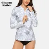 Charmleaks de roupas de banho feminina RashGuard Top Mangas compridas Zip Front Swim Shirt Protection UPF 50 Floral Print