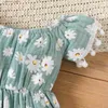 Robes de fille 2pcs bébé fille 100% coton crêpe en crêpe imprimé floral de pom pom pom détaille de robe à manche courte ensemble l47