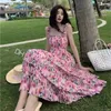 2024 Brand G Home Cake Dress Summer Ny Floral Print Elastic Pleated Holiday Dress Pink Slip Dress