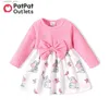 Kızın Elbiseler Yaz Moda Bebek Bebek Kız Giysileri Pembe Şeritli Bowknot Uzun Kollu Bir Ekim Karikatür Fil Baskı Prenses Elbise L47
