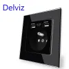 Delviz France Standard Outlet, härdad glaspanel, 5V 2100MA dubbel USB -säkerhetsladdningsgränssnitt, 16A väggkraft USB -uttag