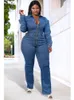 Plus Size Daily Jumpsuit Blue Long Sleeve Denim Zip Womens Spring Autumn Bodysuit Solid Color Romper Jeans 240410