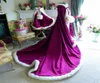 Vinter grapepurple satin golvlängd huva flickor cape bröllop mantlar faux pälsjacka för vinter barn blomma rockar9918260