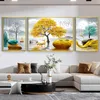 3 패널 중국 Feng Shui Golden Rich Tree 캔버스 그림 벽 예술 사슴 조경 돌 포스터 거실 장식을위한 벽 예술