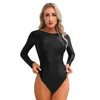 Womens Glossy Bodysuit Oil Shiny Smooth One-piece Long Sleeve Round Neck U Back Tight Leotard Top Swimsuit Rash Guard Wetsuit
