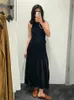 Lässige Kleider Frauen schwarz O-Neck Midi Kleider plissierte hohe Taille ärmellose 2024 Frühlings Sommer Weibliche Strickgewand