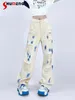 Jeans ad alta vita da donna per donne 2024 Summer Splash-Ink Tie-Dye Pantaloni da mendicante Pantaloni strappati di colore chiaro Denim