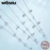 チェーンWostu Real 925 Sterling Wedding Stackable Heart TasselネックレスラウンドジルコンチェーンスパークリングYチェーンリンクジュエリー