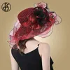 FSパープルレディース魅惑的な帽子ウェディングケンタッキーダービー女性の花広い広いブリムフェドーラオーガンザハットチャーチ240401