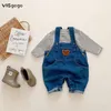 Visgogo Baby Lente herfstkleding Beer borduurwerk denim jumpsuit zwart gestreepte bodem t -shirt baby jongens meisjes schattig set