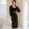 Basic Casual Dresses Elegant Office Womens Dress 2024 Spring Black Square Neckline Puff Sled High Temperature Waist Tight Party Womens Wear C240411