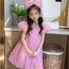 2024 Summer Children Girls Princess Dress Bow Leopard Pink Dress Fashionable with Headband 240411