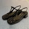 Sandalen weibliche Sommermodemetemperament Patent Leder Mary Jane Frauen flacher Mund hochhackige Einzelschuhe 240410