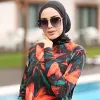 Mulheres muçulmanas roupas de banho bordo folhas impressão lslamic roupas hijab 3 pcs mangas compridas