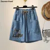 Oversize 4xl Embroidery Shorts Baggy Jeans Women Lace Up Pantalones Cortos Elastic High Waist Wide Leg Denim Pants Vaquero Short