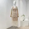 Casual Dresses Spring Summer 2024 Brodery Shining Naken Floral Sequined Sleeveless V-Neck Stapled Ruched Women Midi Dress for Party