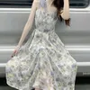 Casual Dresses 2024 Spring French Style Camisole Midjeband Womens Dress Sweet Print Ribbon Fairy Ruffled A-Line Midi Ladies 30806