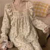 Vêtements à la maison 2024 col carré imprimé floral coton Gauze Gauze Slembe-Sleep Pyjama Automne Set à manches longues respirantes
