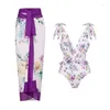 Kvinnors badkläder 2024 Purple Floral Retro One Piece Swimsuit Women Ruffle With Kirt Dress Sexig baddräkt Monokini Bodysuit Beachwear