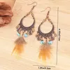 Dangle Earrings Boho Wooden Beads Long Feather For Women Natural Turquoises Alloy Round Pendant Female Vintage Jewelry