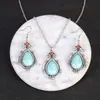 Ethnic Boho Water Drop Turquoises Stone Pendant Earring Set Vintage Silver Color Long Chain Necklace Sets Female Jewelry Bijoux