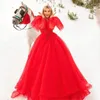 Party Dresses Sodigne Red Princess Prom Dress Puff Long Sleeves A-Line 3D Lace Applicies Tiered Women Celebrity Clown