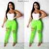 Jeans femininos 2021 Mulher verde e rosa rasgou moda de moda alta de rua skinny de rua
